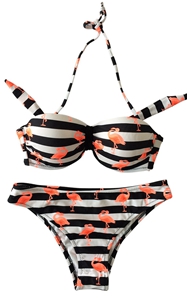 F4675-2Soild Flamingo Strip Print Halter Bikini Set